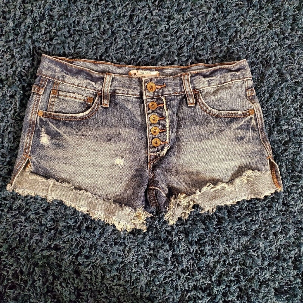 Free People Shorts Womens 24 Distressed Denim Button Fly Raw Hem Cut Off Cotton